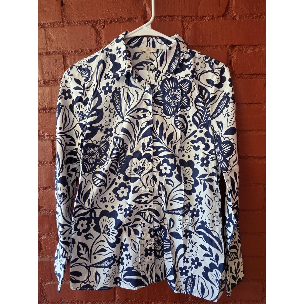 Talbots Petite NWT Floral Button Down Shirt Navy White Botanical Cottagecore